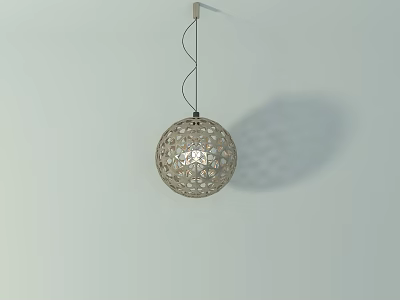 Stylish Spherical Pendant Light With Perforated Metallic Design Hanging On Light Colored Wall 3d model