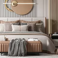 Modern Elegant Bedroom Interior With Upholstered Headboard Round Mirror Pendant Lights And Decorative Pillows