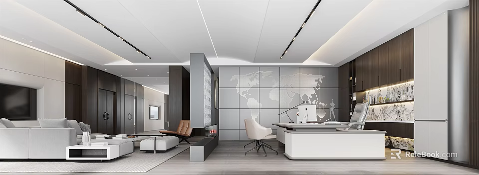Modern Office Interior Design With World Map Wall Desk Office Chair And Open Layout 3d model 