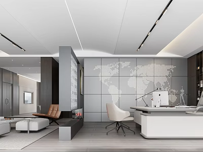 Modern Office Interior Design With World Map Wall Desk Office Chair And Open Layout 3d model