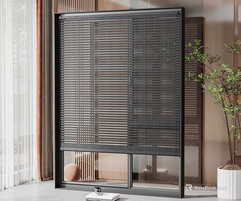 Modern Black Blinds For Indoor Window With Stylish Design And Green Plant Decoration 3d model 