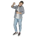 Man In Gray Shirt And Jeans Holding Mobile Phone Making Gesture On Gray Background