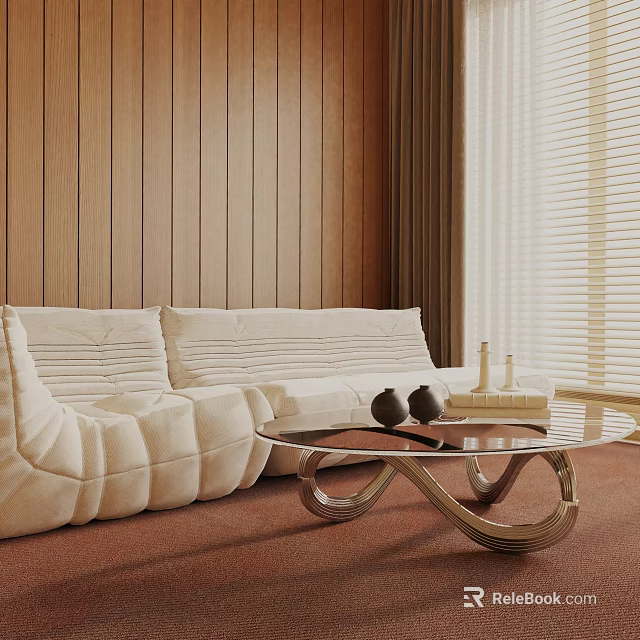 Modern Beige Three-Seater Sofa In Living Room With Wooden Panel Wall And Glass Coffee Table 3d model 