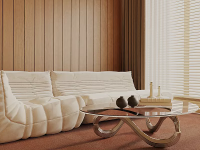 Modern Beige Three-Seater Sofa In Living Room With Wooden Panel Wall And Glass Coffee Table 3d model
