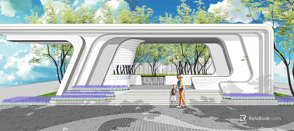 Modern Building Facade With Curved Design Greenery Trees And Pedestrian Steps 3d model 