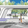 Modern Building Facade With Curved Design Greenery Trees And Pedestrian Steps