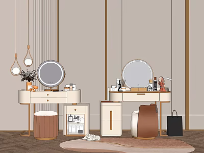 Elegant Double Dressing Tables With Round Mirrors Drawers Cosmetics And Storage Cabinets 3d model