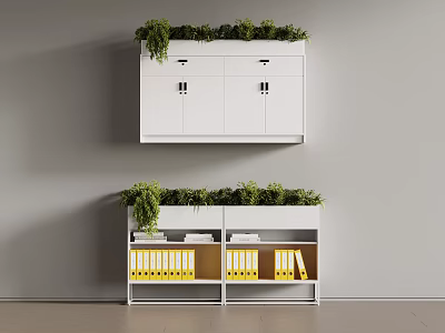 White Storage Cabinets With Green Plants On Top And Shelves Holding Yellow Folders 3d model