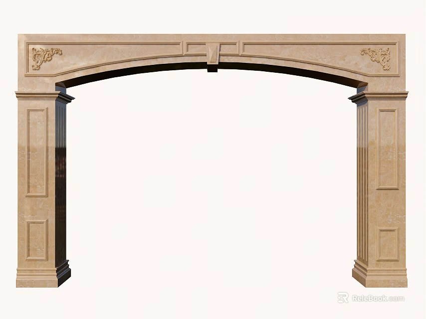 Elegant Beige Stone Archway With Ornate Carved Top And Side Pillars 3d model 