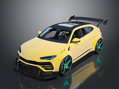 Yellow Sports Car With Black Roof Green Wheels And Rear Spoiler Design 3d model