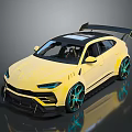 Yellow Sports Car With Black Roof Green Wheels And Rear Spoiler Design