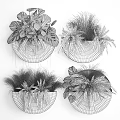 Bonsai Potted Plants With Ferns And Grasses In Black Round Wall Mounted Pots