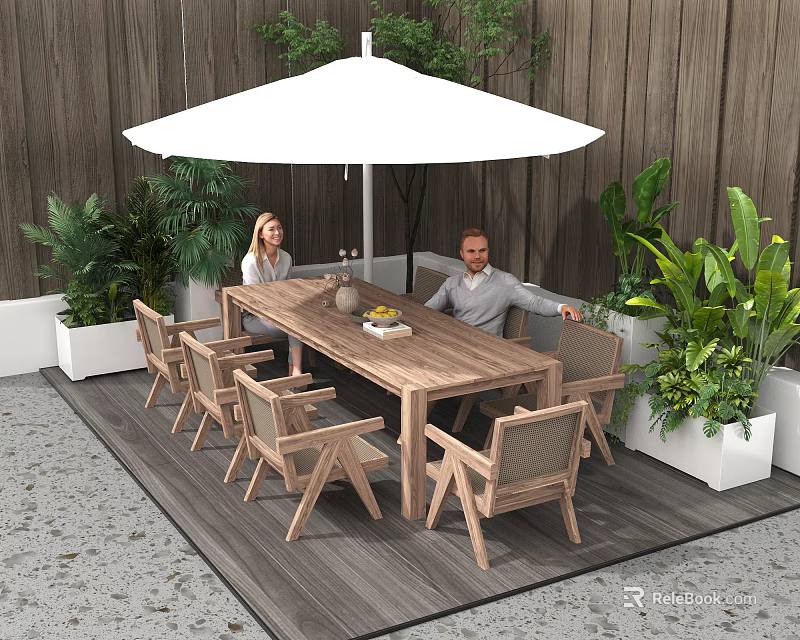 Wooden Outdoor Table with White Parasol Chairs and Green Plants in Patio Setting 3d model 