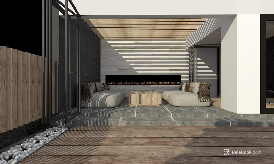 Modern Garden Landscape With Wooden Slatted Roof Shade Structure Sofa And Stone Tile Floor 3d model 