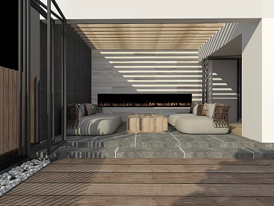 Modern Garden Landscape With Wooden Slatted Roof Shade Structure Sofa And Stone Tile Floor 3d model