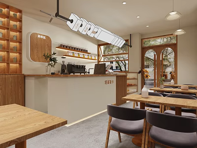 Modern Milk Tea Shop Interior With Wooden Bar Tables Chairs And Green Plants 3d model