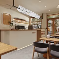 Modern Milk Tea Shop Interior With Wooden Bar Tables Chairs And Green Plants