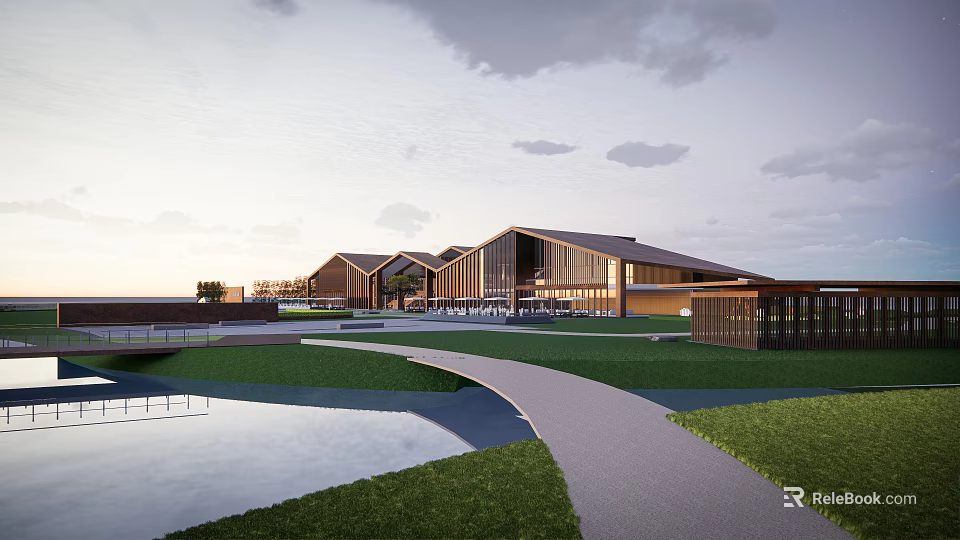 Modern Wooden Sales Office Building With Glass Facade Green Lawn And Stone Pathway 3d model 