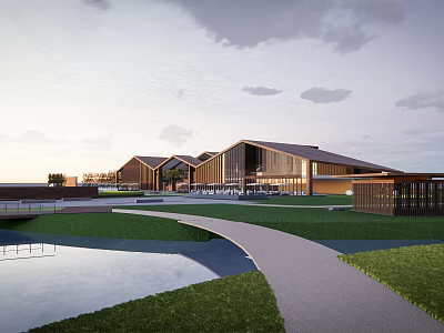 Modern Wooden Sales Office Building With Glass Facade Green Lawn And Stone Pathway 3d model