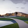 Modern Wooden Sales Office Building With Glass Facade Green Lawn And Stone Pathway