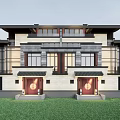 Chinese Style Modern Semi Detached Villa Exterior With Traditional Roof Wooden Doors And Lawn Front