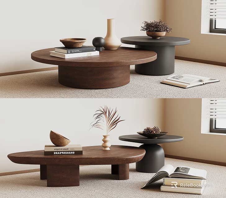 Modern Wooden Coffee Table Interior With Books Vase Decorative Bowl And Black Side Table 3d model 