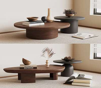 Modern Wooden Coffee Table Interior With Books Vase Decorative Bowl And Black Side Table 3d model