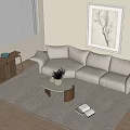Fabric Three-Person Sofa Fabric Multi-Person Sofa Solid Wood Coffee Table Solid Wood Side Cabinet Carpet Abstract Hanging Painting Flower Pot Branch Books 3d model