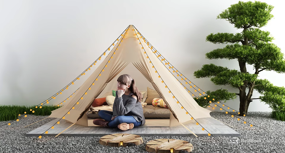 Outdoor Beige Camping Tent With String Lights And Girl Sitting Inside Near Wood Logs 3d model 