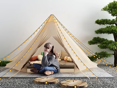 Outdoor Beige Camping Tent With String Lights And Girl Sitting Inside Near Wood Logs 3d model