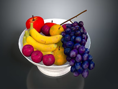 Fresh Mixed Fruits in a White Bowl with Bananas Apples Plums Grapes and Pears 3d model