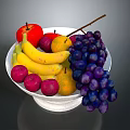 Fresh Mixed Fruits in a White Bowl with Bananas Apples Plums Grapes and Pears