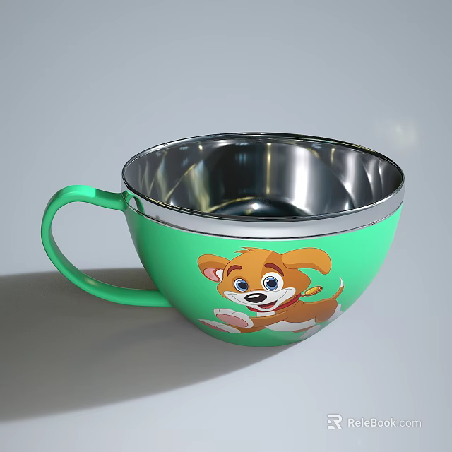 Cute Puppy Design Green Tableware Set With Silver Stainless Steel Interior And Handle 3d model 