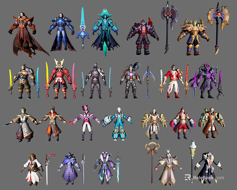 Game Movie Characters With Diverse Costumes Weapons And Detailed Character Designs 3d model 