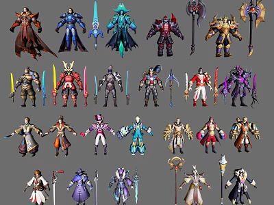 Game Movie Characters With Diverse Costumes Weapons And Detailed Character Designs 3d model