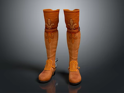 Brown Knee High Boots With Fleur De Lis Pattern Folded Cuffs And Strap Details 3d model