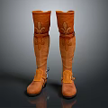 Brown Knee High Boots With Fleur De Lis Pattern Folded Cuffs And Strap Details