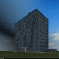 Modern Office Building With Glass Facade Under Blue Sky White Clouds And Green Lawn