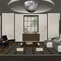 Modern Living Room Interior With Round Ceiling Light Wooden Cabinet White Sofa And Black Chairs