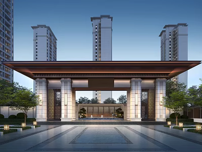 Modern Entrance Gate With Covered Portico Columns And Surrounding High Rise Buildings 3d model