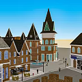 Historic Commercial Street with Red Brick Buildings Spire Towers Pedestrians Shops and Outdoor Seating
