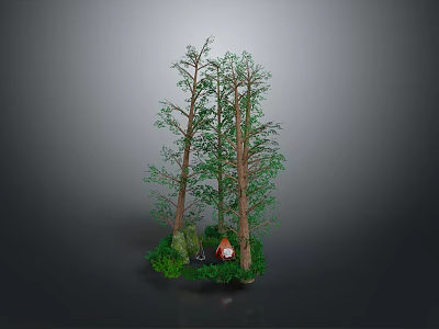 Modern Outdoor Landscape With Two Tall Trees And Small Wooden Cabin On Green Grass 3d model