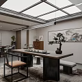 Traditional Tea Room Interior Design With Wooden Bookshelves Stone Wall Skylight Green Plants And Hanging Painting