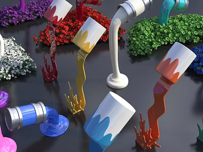 Colorful Paint Cans Pouring Vibrant Paints Forming Floral Plants with Flowing Colors 3d model