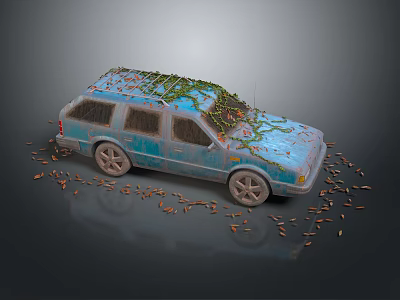 Rusty Blue Station Wagon Overgrown With Vines And Scattered Leaves Around 3d model