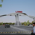 Modern Entrance Gate Design With Curved Canopy Logo Cars And Pedestrians