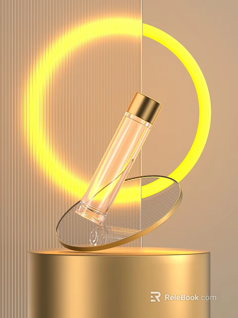 Perfume Cosmetic Transparent Bottle With Golden Cap Circular Base And Yellow Halo On Striped Background 3d model 