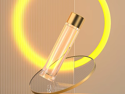 Perfume Cosmetic Transparent Bottle With Golden Cap Circular Base And Yellow Halo On Striped Background 3d model