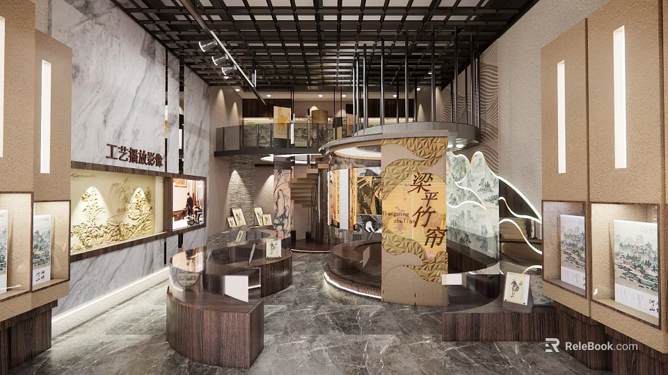Elegant Exhibition Space Interior With Wooden Display Cases Marble Walls And Chinese Calligraphy Decorations 3d model 