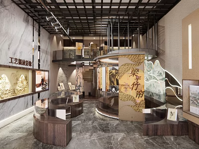 Elegant Exhibition Space Interior With Wooden Display Cases Marble Walls And Chinese Calligraphy Decorations 3d model